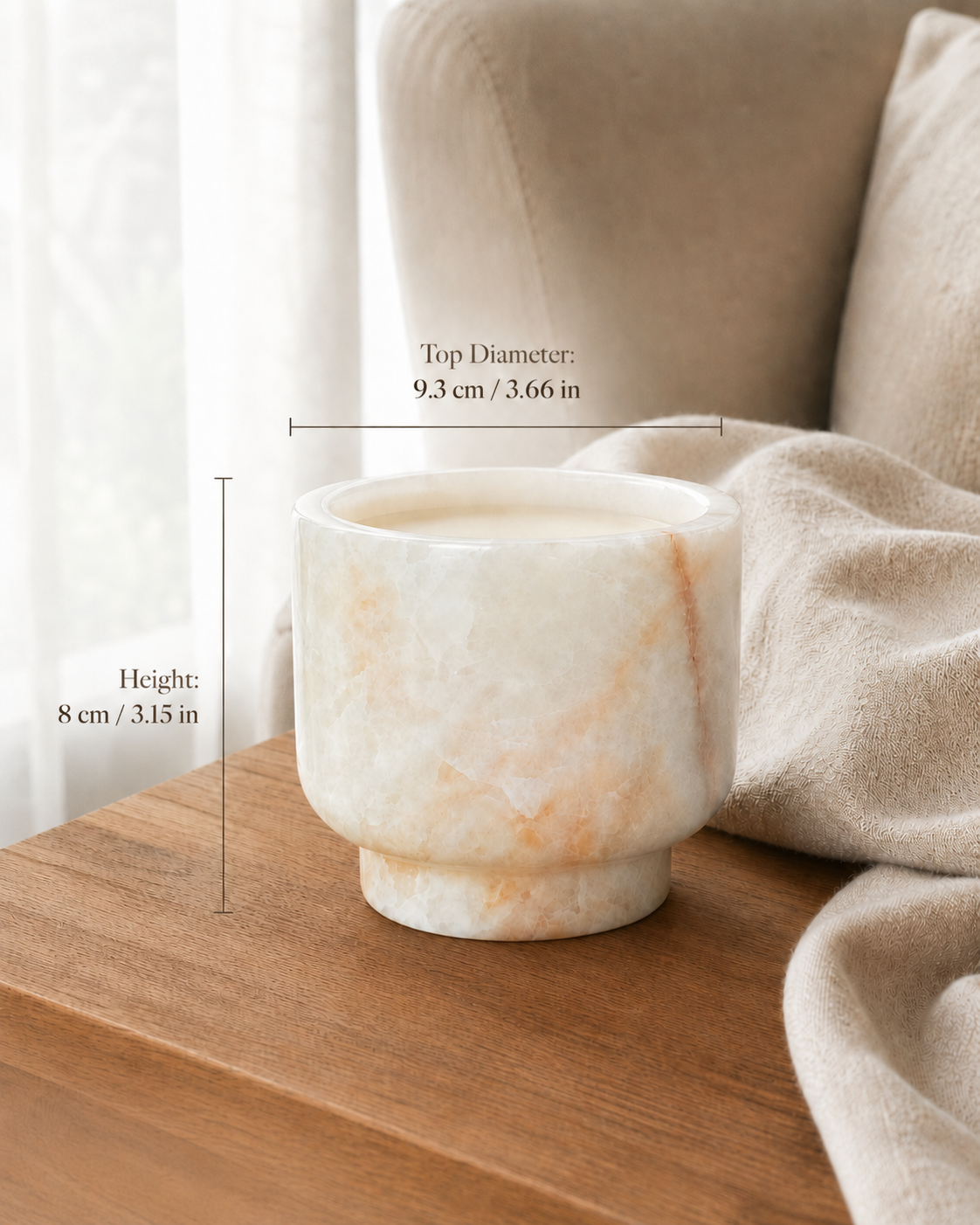 Natural Marble Wickless Candle —  Soft White Blush Vein Marble Vessel, 5.6 oz