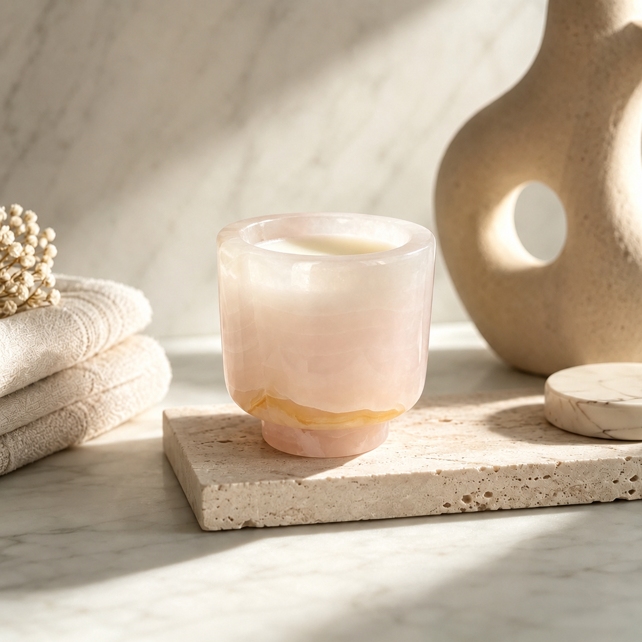 Natural Marble Wickless Candle — Pink Onyx Marble Jar Scented Candle, 4 oz