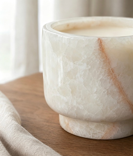 Natural Marble Wickless Candle —  Soft White Blush Vein Marble Vessel, 5.6 oz