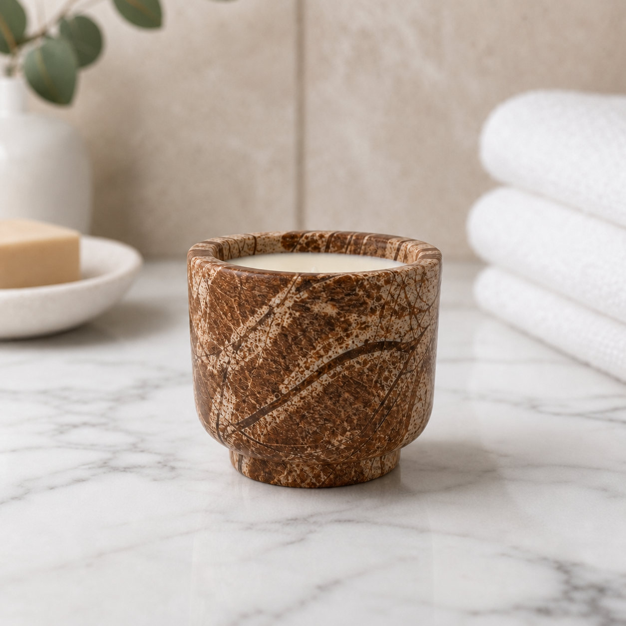 Natural Marble Wickless Candle — Forest Brown Marble Vessel Scented Candle, 5.6 oz